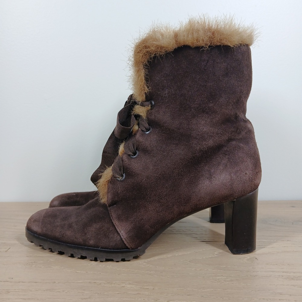 LOFT Ann Taylor Boots Womens 7 Brown Leather Ankle Fur Block Heel Dark Academia